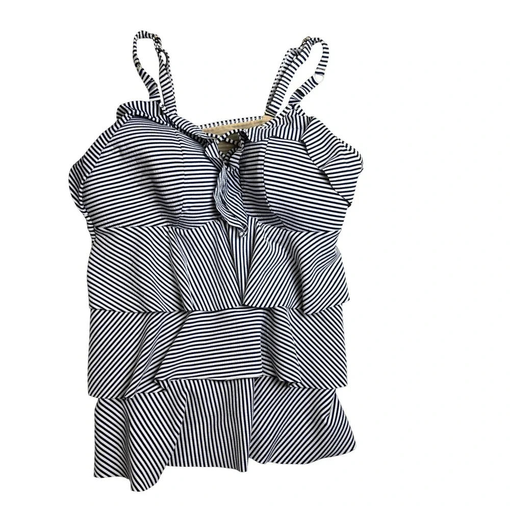 Swim by Cacique Navy White Striped Tiered Ruffle Tankini Top Size 20 Wireless